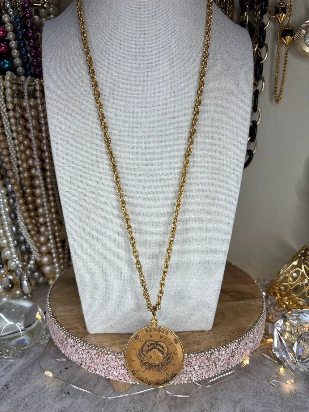 Vintage Cancer Zodiac Pendant Necklace Astrology Horoscope Jewelry Double Sided